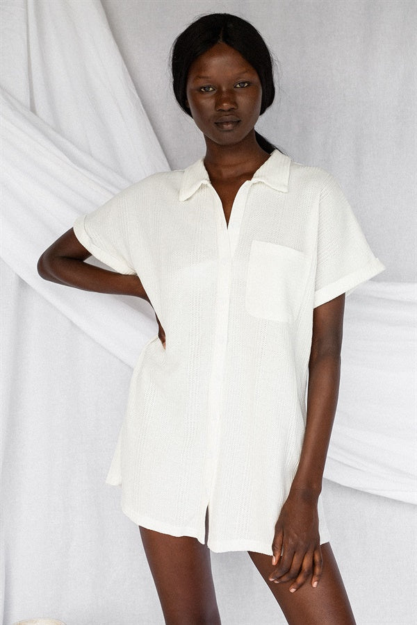 Comfortable Waffle Textured Shirt Style Dress for Relaxed Wear