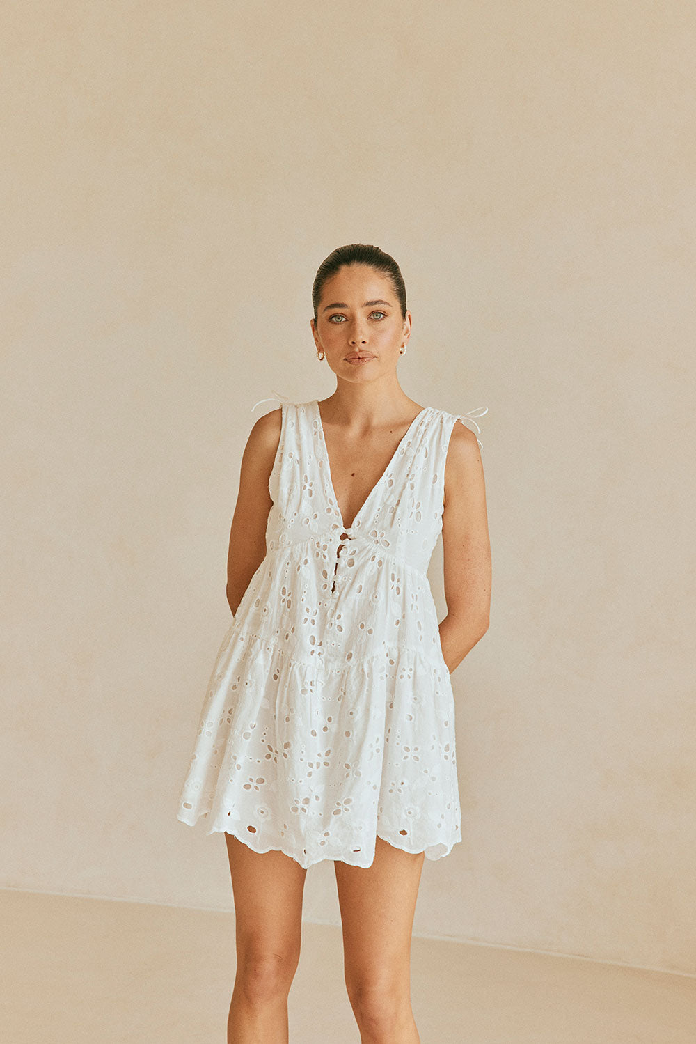 White Natural Cotton Bold Broderie Kai Relaxed Mini Dress