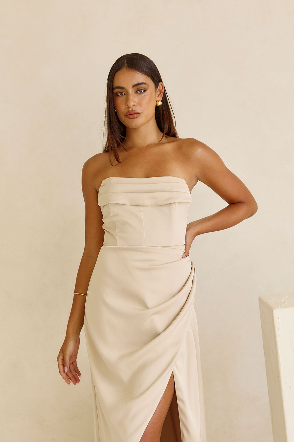 Exquisite Champagne Matte Silk Pela Midi Dress for Formal Events
