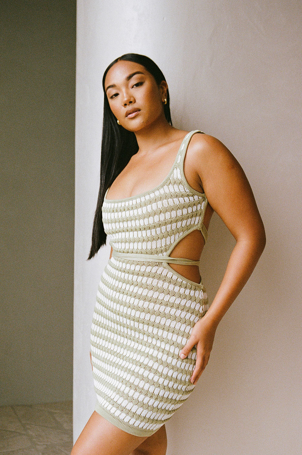 Vintage-Inspired Khaki and White Striped Backless Camelia Mini Dress