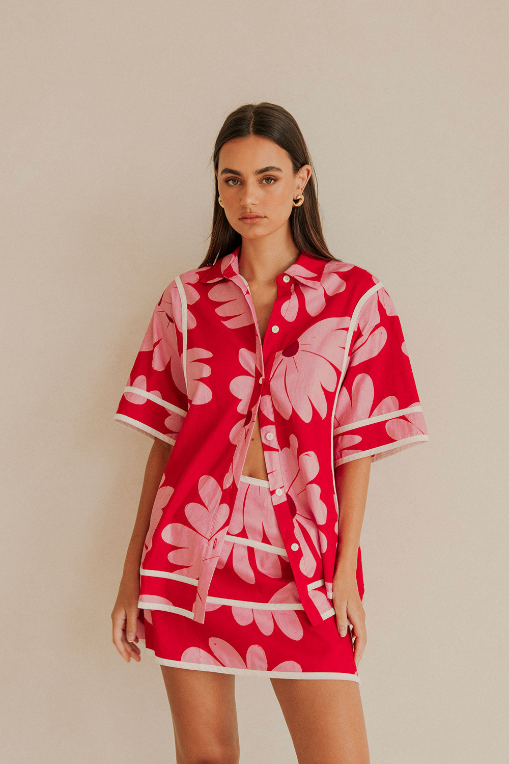 Exclusive Daisy Red Print Bowie Top - High - Quality Linen Cotton Blend