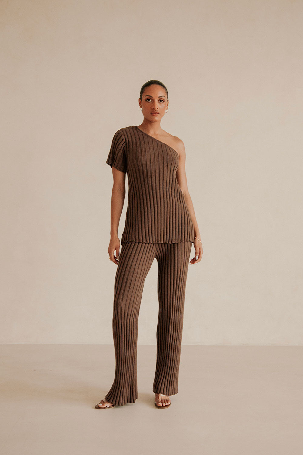 Stylish Chocolate Brown Natural Ribbed Cotton Knit Neena Women's Pants