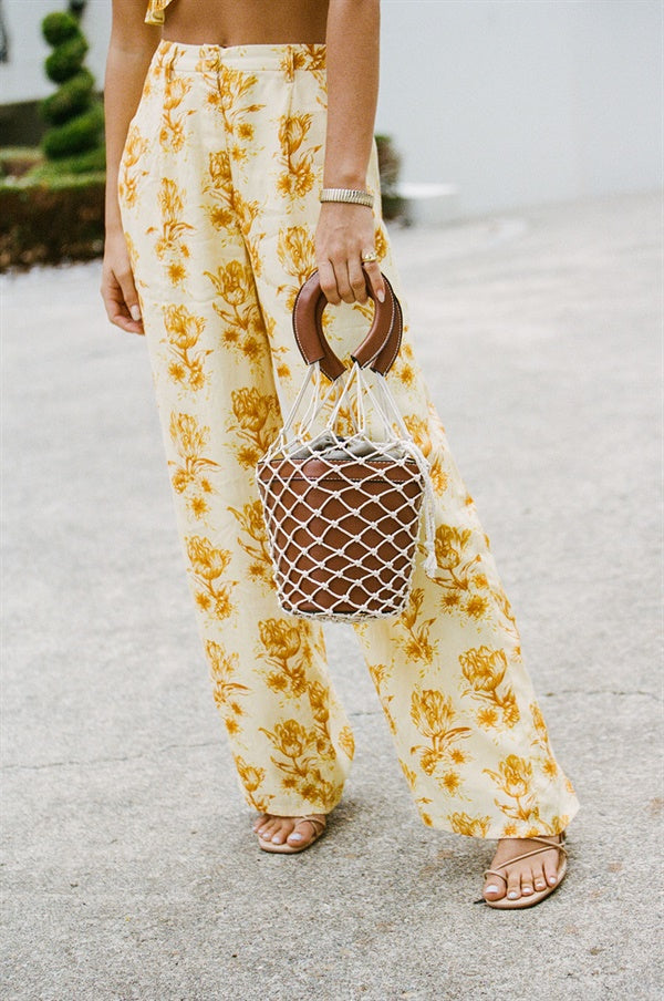 Exclusively Designed Danika Yellow Zipper Crepe Pants with Sunset Tulip Print