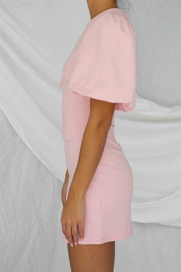 Soft Pink Natural Cotton Blend Emme Corset Dress with Short Puff Sleeves