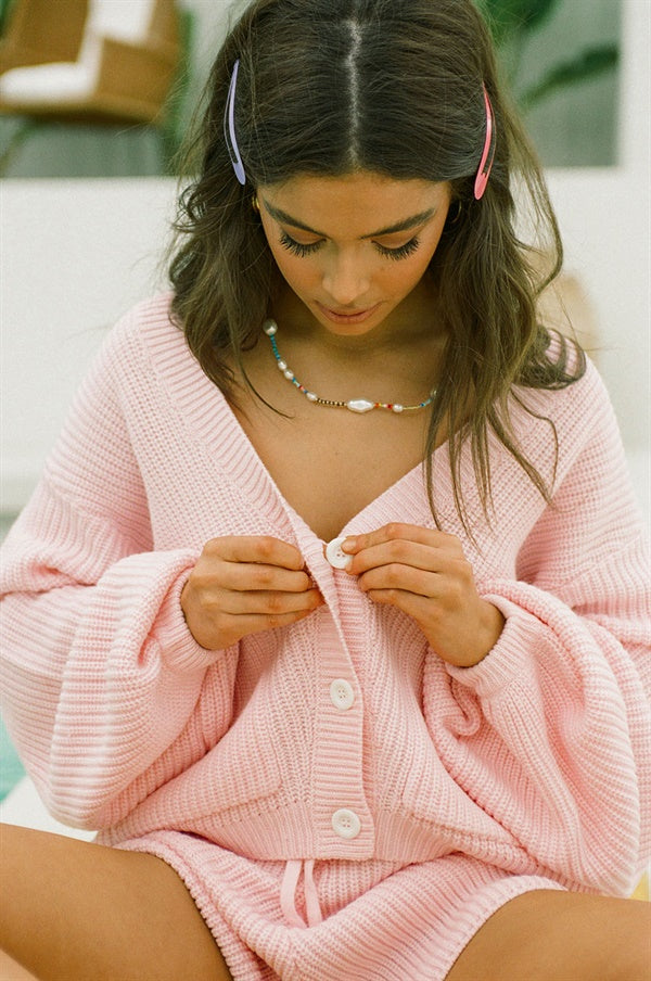 Ellis Pink Cosy Knitted Ribbed Cardigan for Versatile Wear