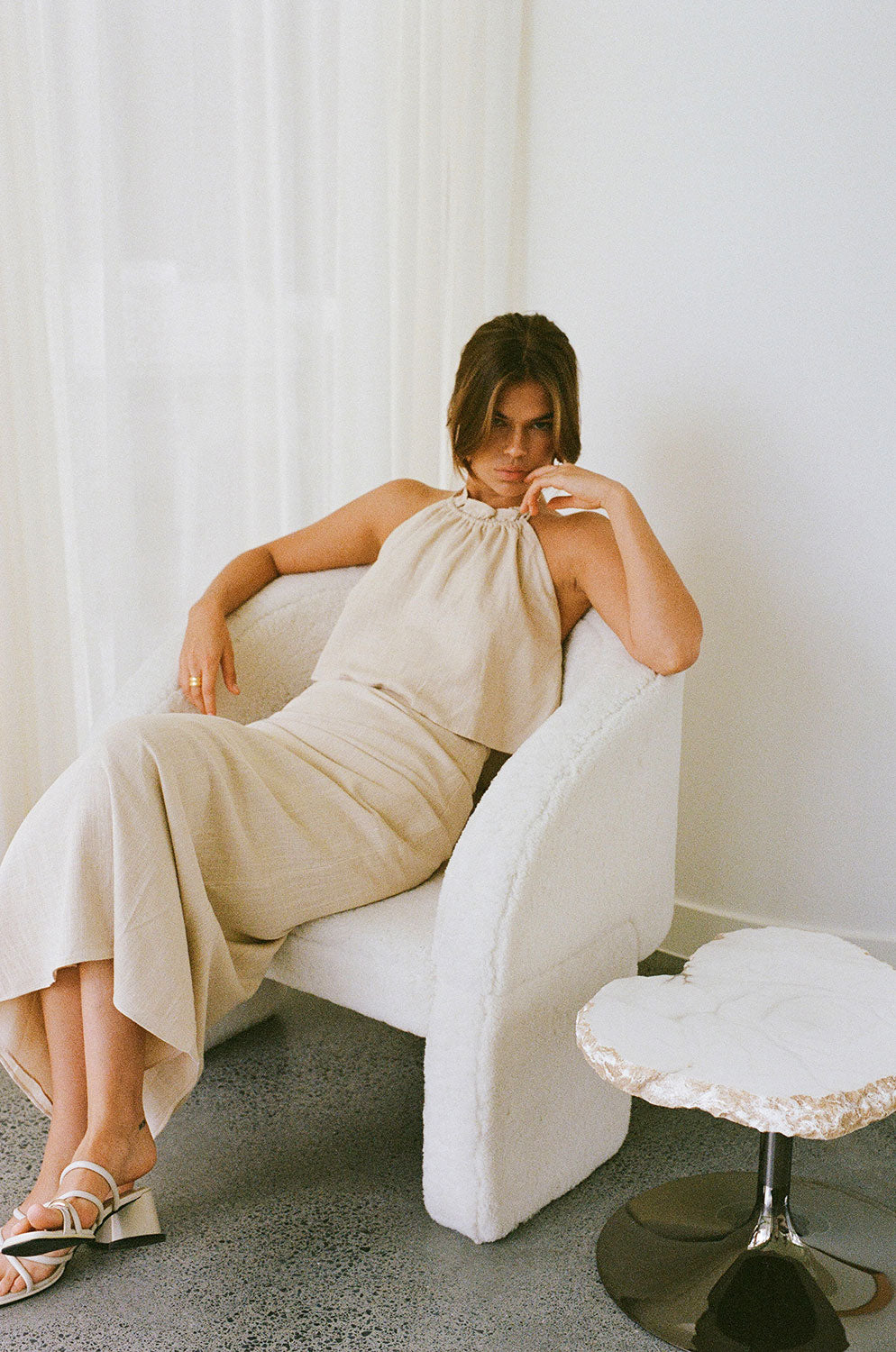 Exclusively Designed Sabo Averie Beige Linen Blend Midi Skirt with A-Line Hem