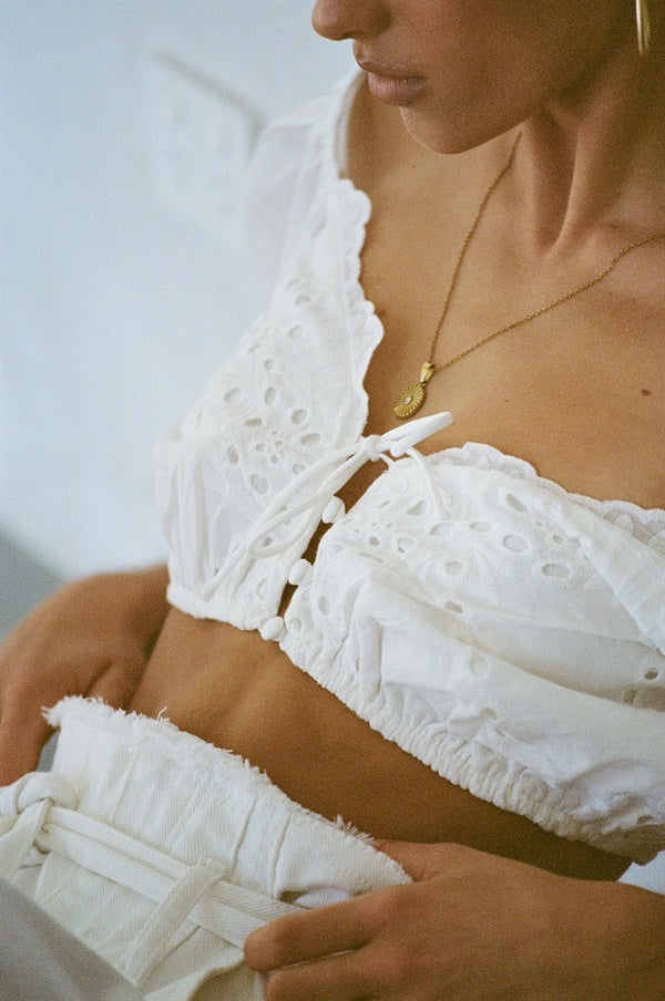Exquisite White Natural Cotton Zelita Top with Unique Detailing