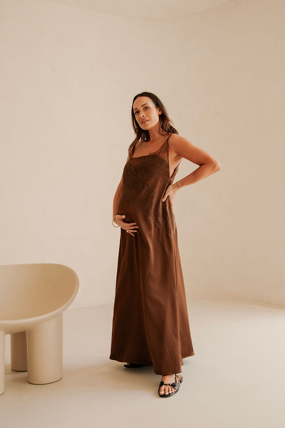Exquisite Chocolate Brown Strapless Lace-Overlay A-Line Maxi Aelin Dress