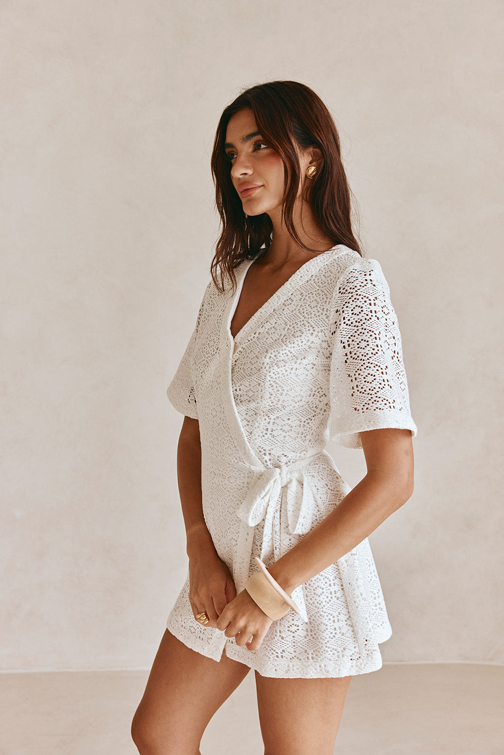 Exquisite White Crochet Wrap-Style Eliza Dress