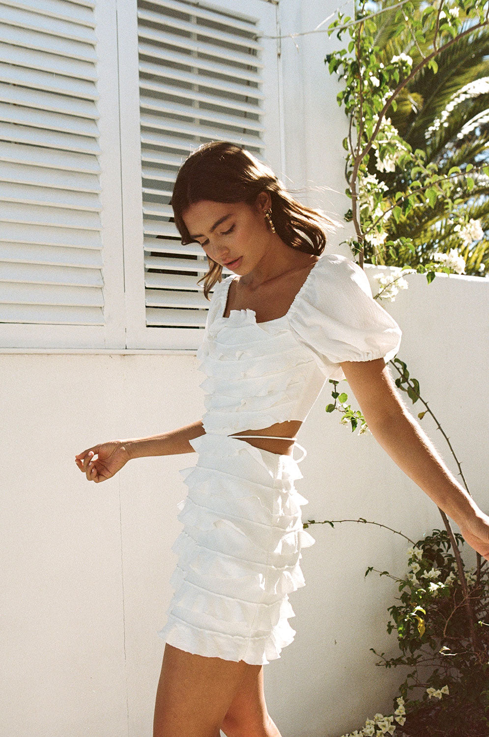Sabo's Exclusive White Textured Alessa Dress with Frills and Cutouts