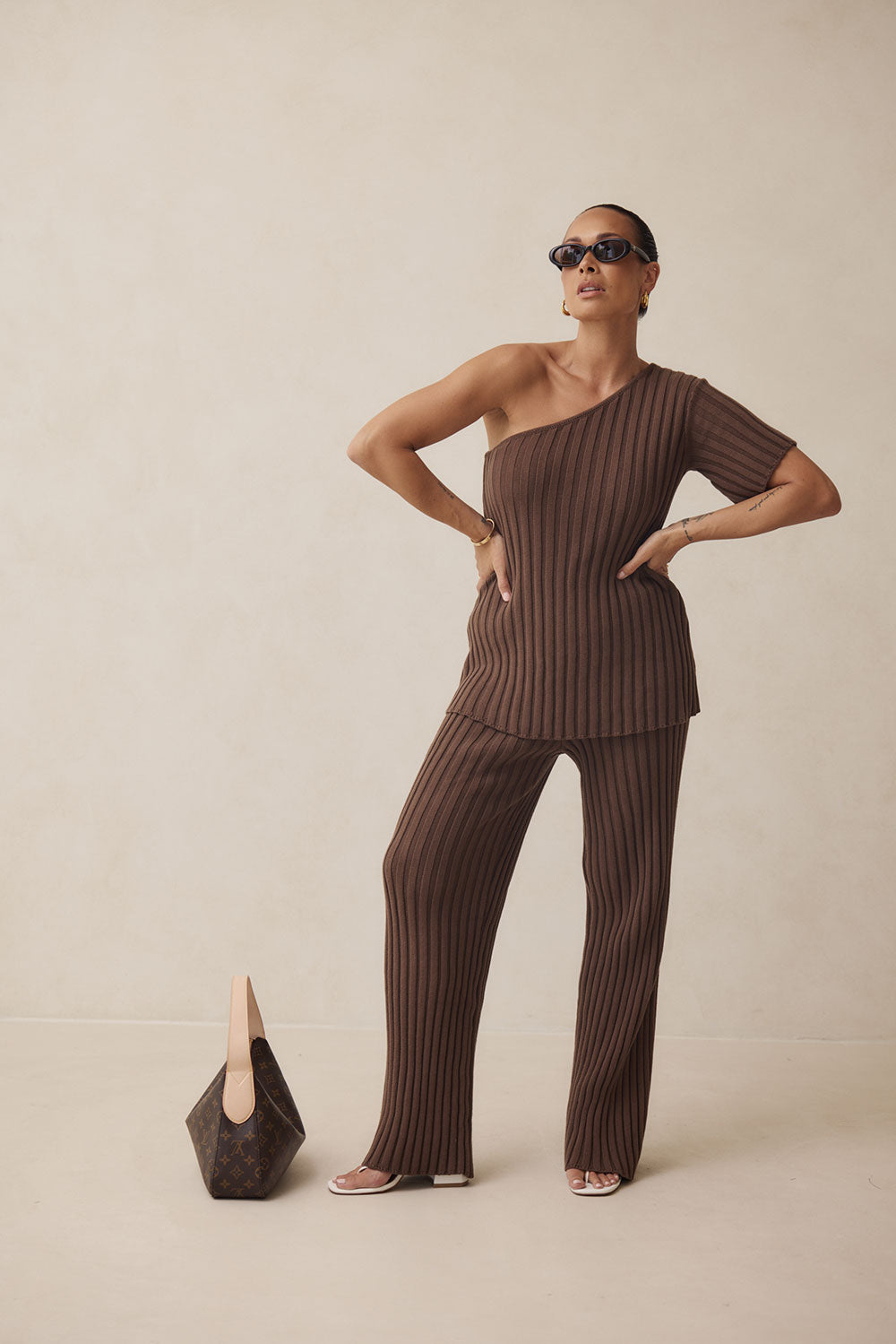 Stylish Chocolate Brown Natural Ribbed Cotton Knit Neena Women's Pants