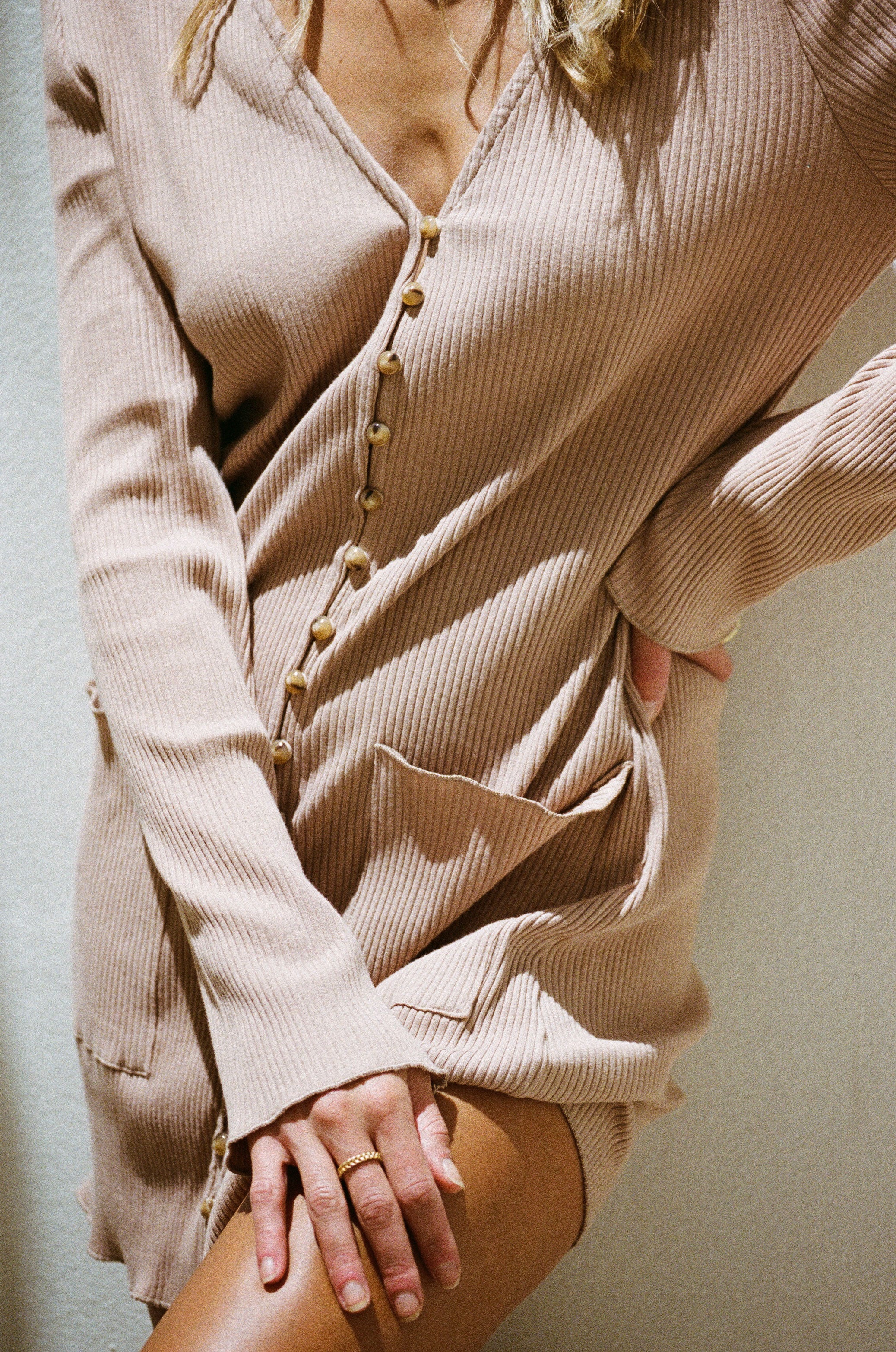 Tan Ribbed Comfortable Pax Dress with Stylish Details