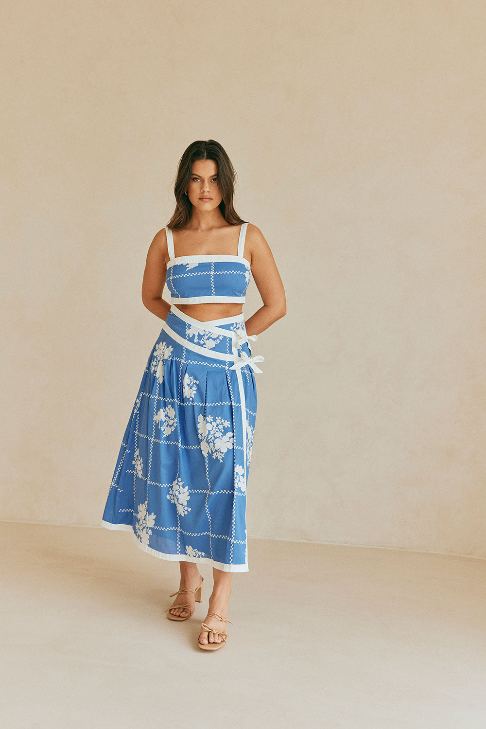 Charming Estelle Midi Skirt with Exclusive Check Flower Print