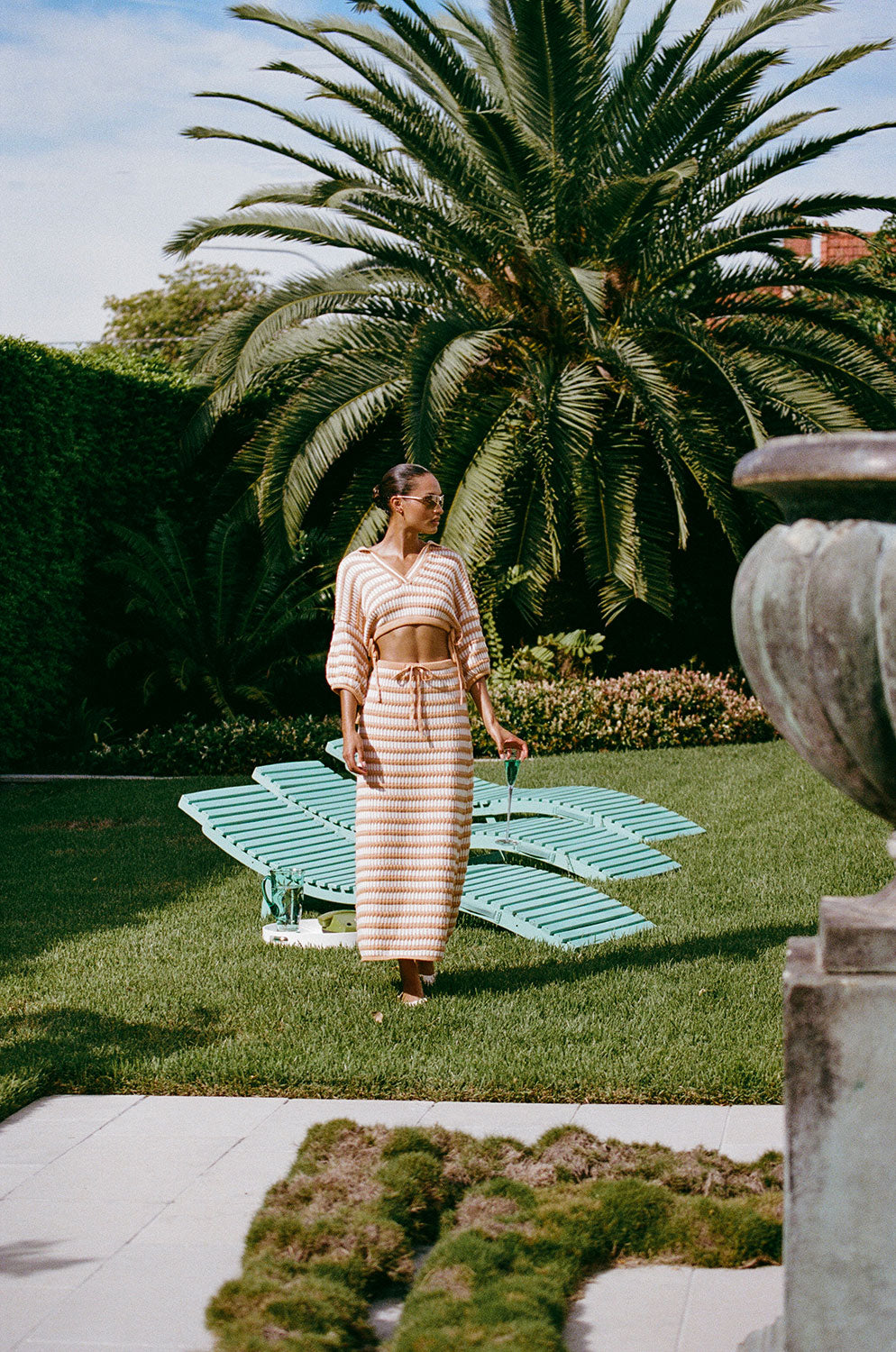 Vintage-Inspired Off-White Knit Midi Skirt with Contrast Stripes - Mati Style