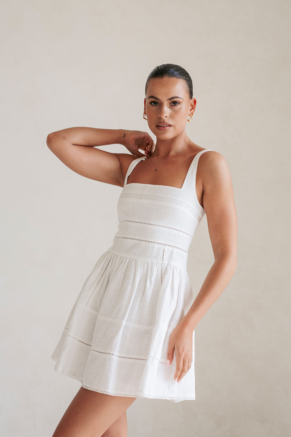 Exquisite White Cotton Leka Dress with Lace and Ladder Trims