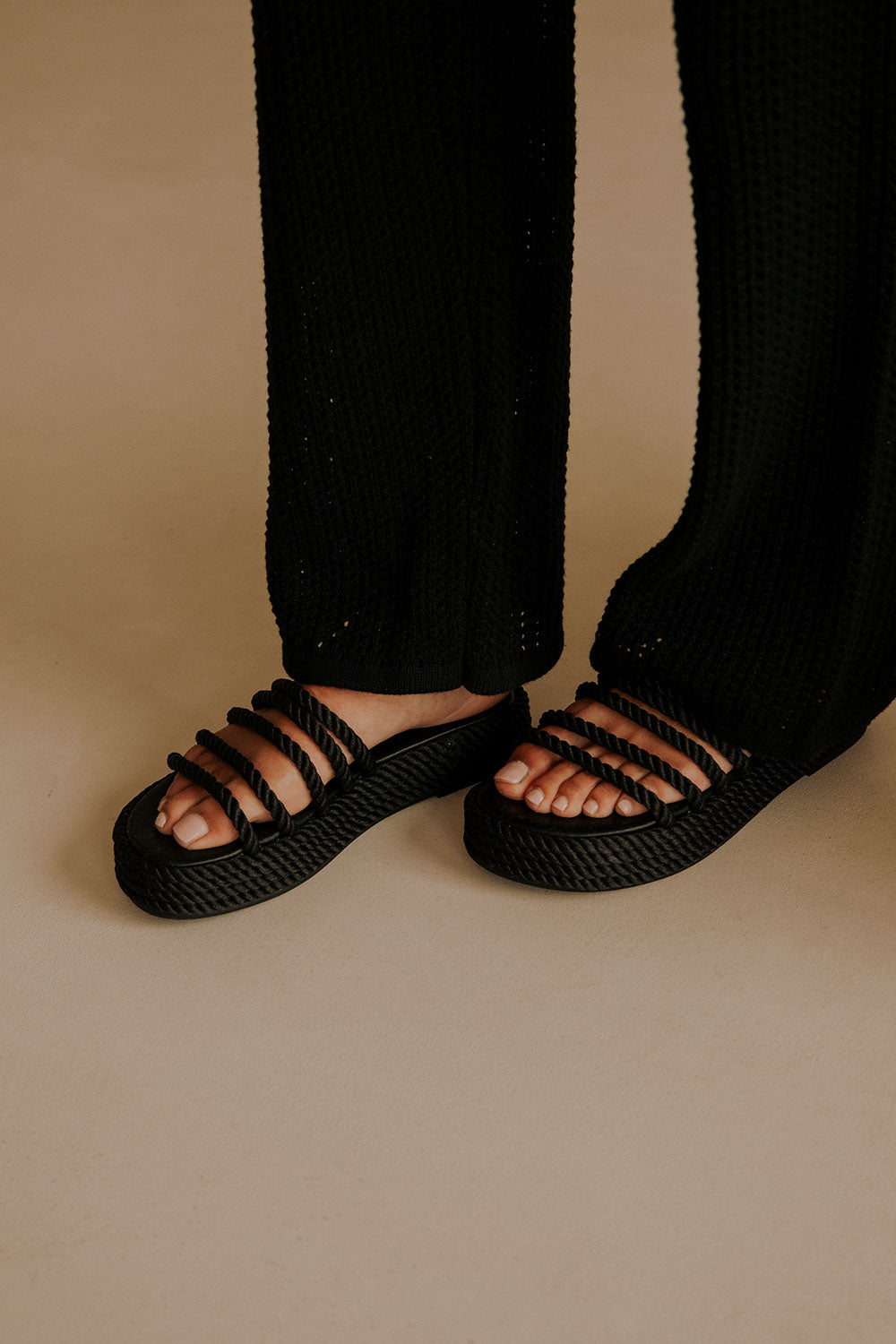 Stylish Black Fiore Platform Sandals with Rope Details