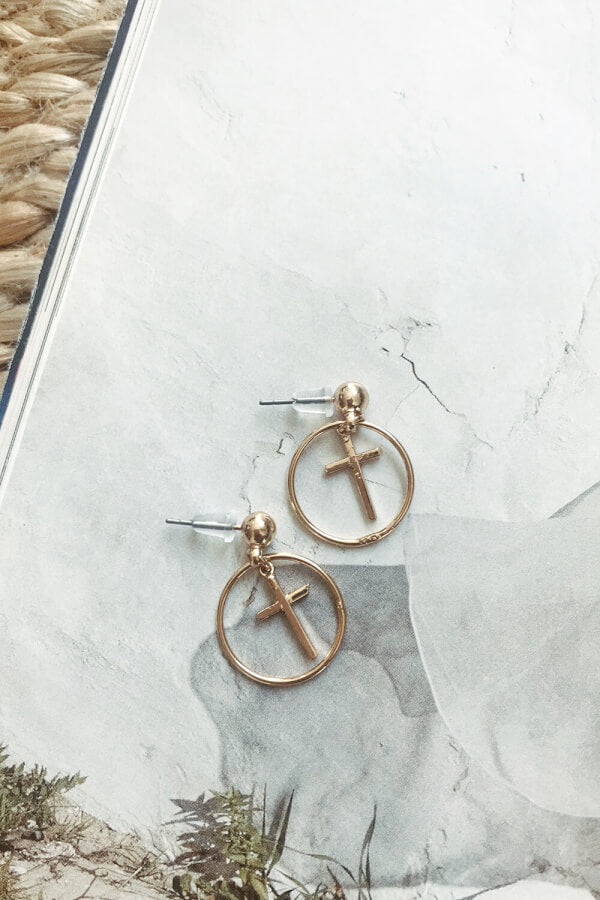 Stylish Gold - Toned Cross Ring Stud Earrings with Delicate Drop Hoop