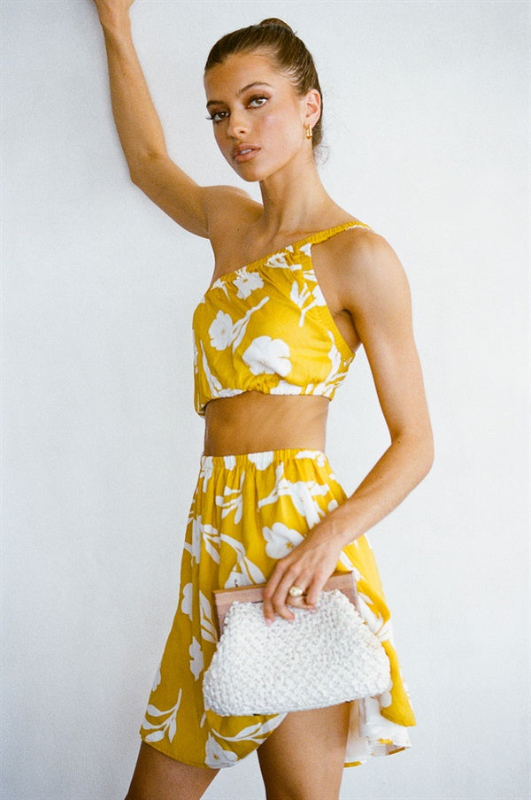 Exquisite Yellow Paraiso Print Rome Vacation Dress