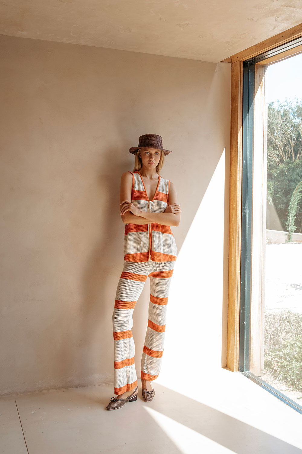 Exclusive Sabo Designed Cream and Burnt Orange Loose Cotton Knit Women's Nantes Top