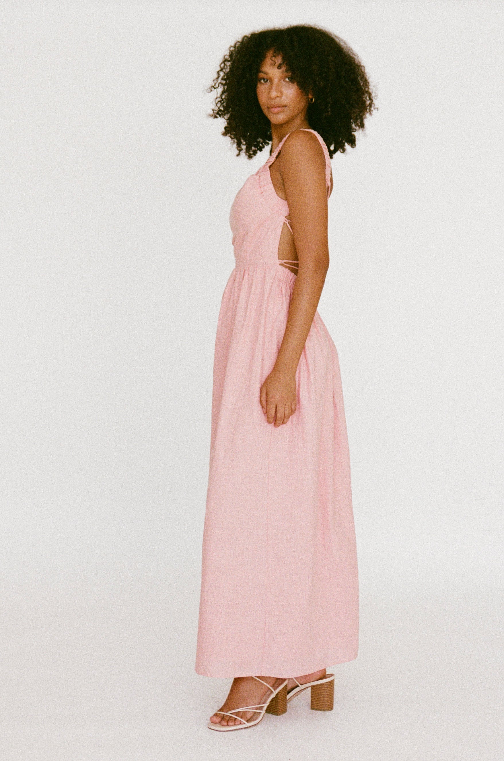 Feminine Pink High - Quality Cotton Backless Midi Dress Named Sondra