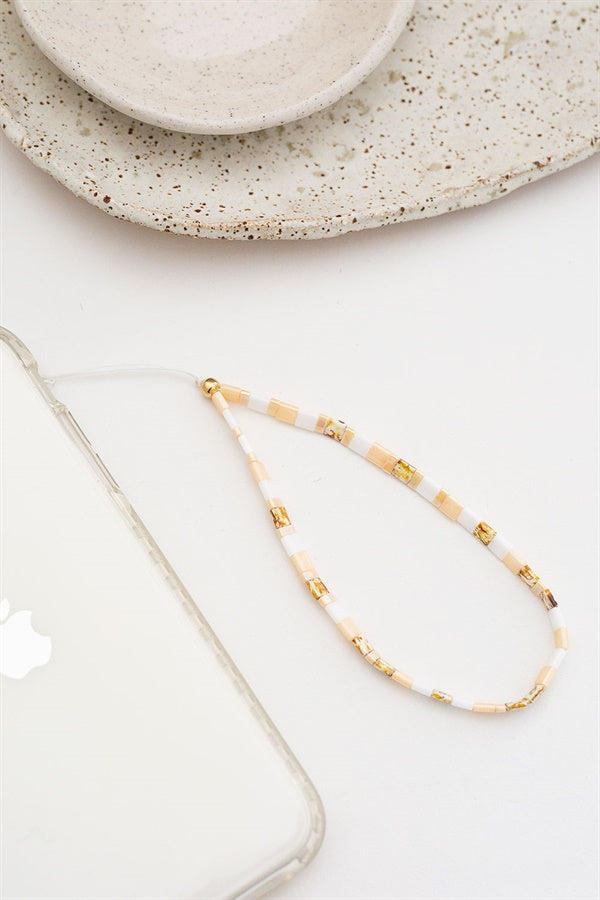 Trendy Peach Beaded Phone Charm with Geo, Shell and Nude Detailing