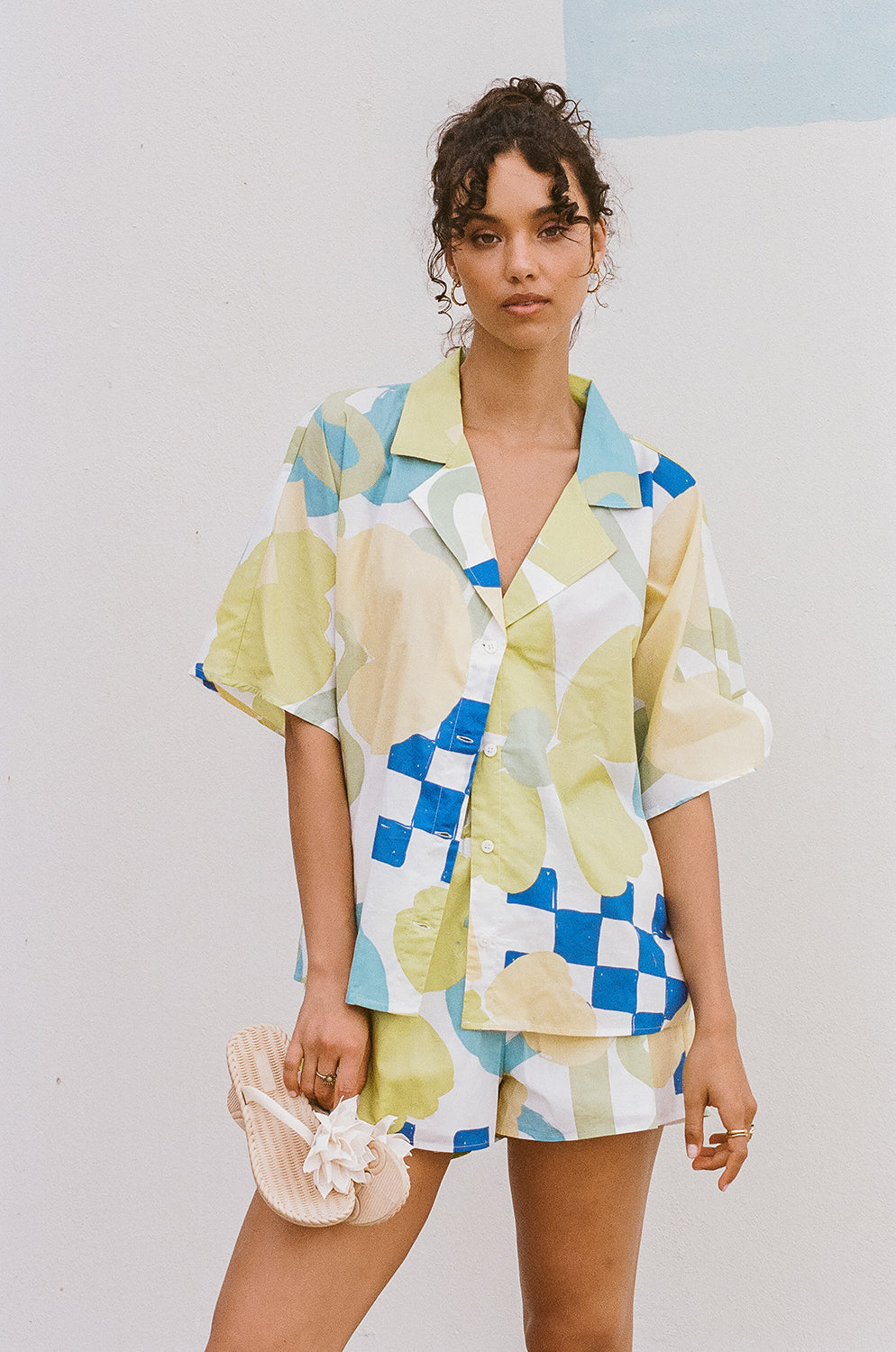 Exclusive Checker Floral Aliza Print Relaxed Natural Cotton Voile Seona Top