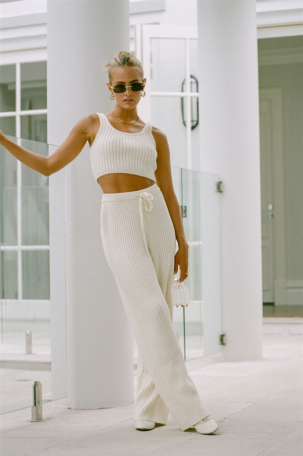 Nikkou Cream-colored Ribbed Knit High-waisted Drawstring Relaxed-fit Pants