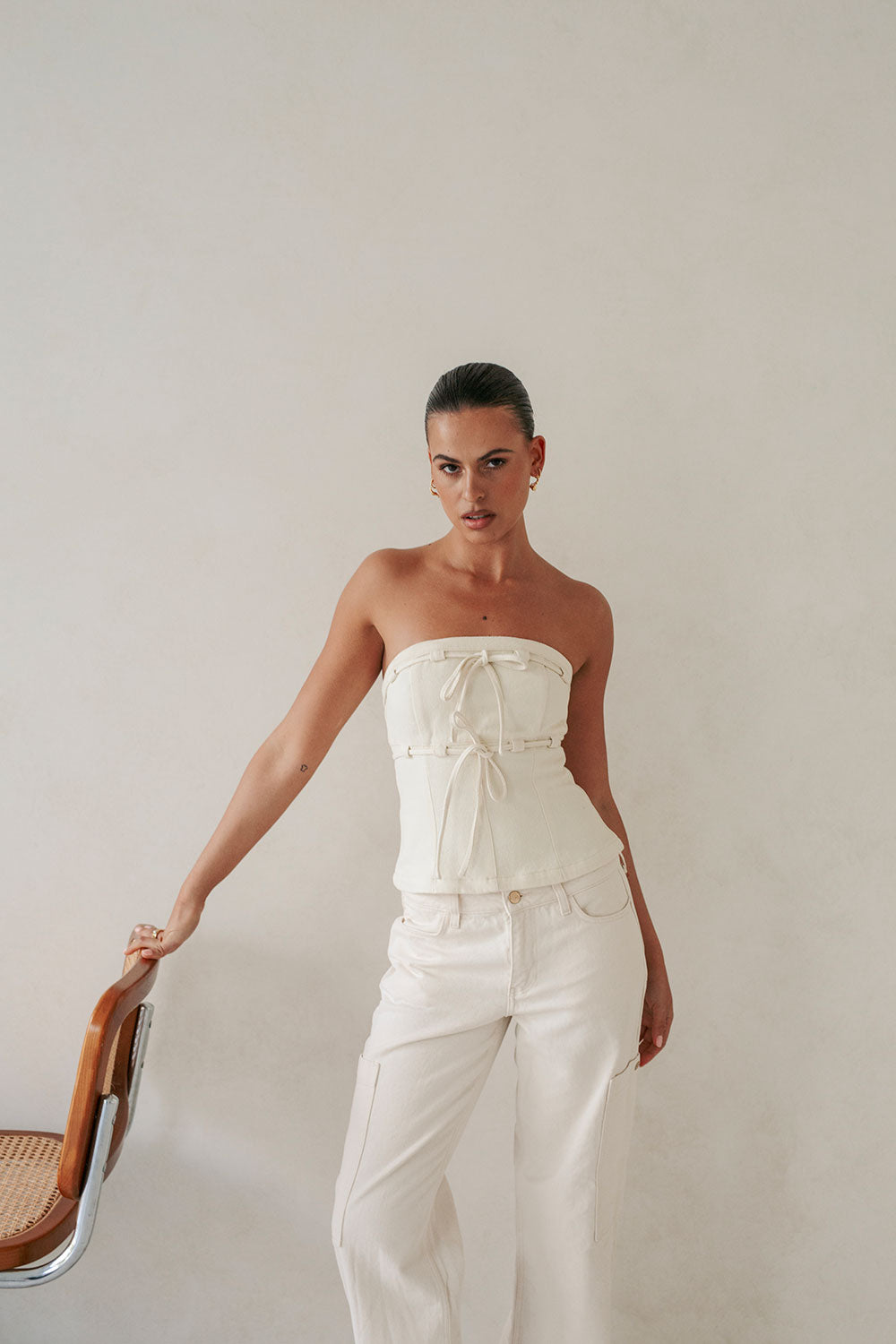 Beige Strapless Fiore Top with Tab and Tie Details
