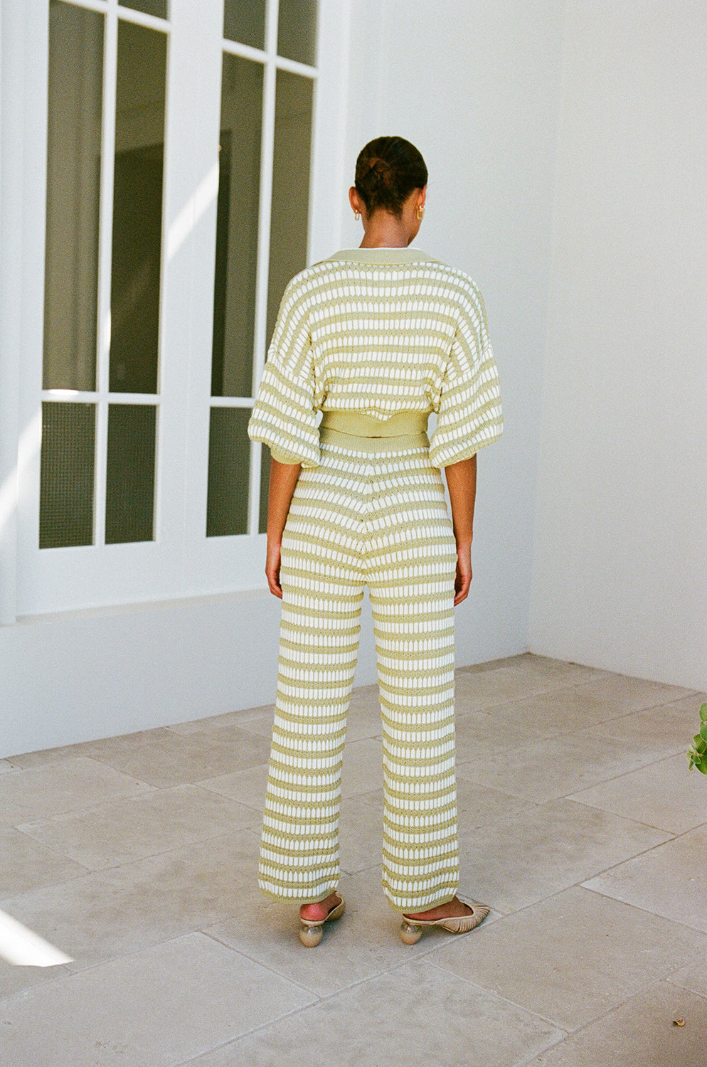 Sage and White Textured Striped Keyana High - Waisted Knit Pants