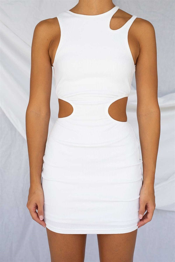 Elegant White Cotton Ribbed Bodycon Damaris Party Dress
