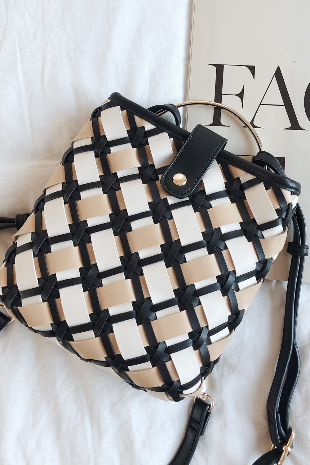 Sabo-Designed Off-White, Beige and Black Woven Vegan Leather Lattice Mini Backpack