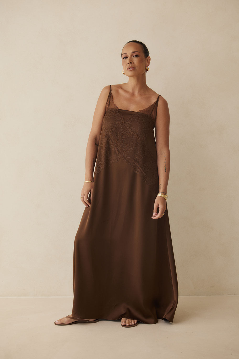 Exquisite Chocolate Brown Strapless Lace-Overlay A-Line Maxi Aelin Dress
