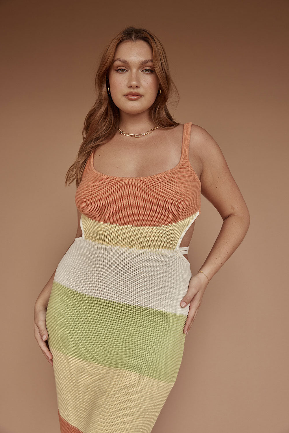 Stylish London Natural Knitted Cotton Dress in Earth Tones - Burnt Orange, Green, Cream, and Yellow