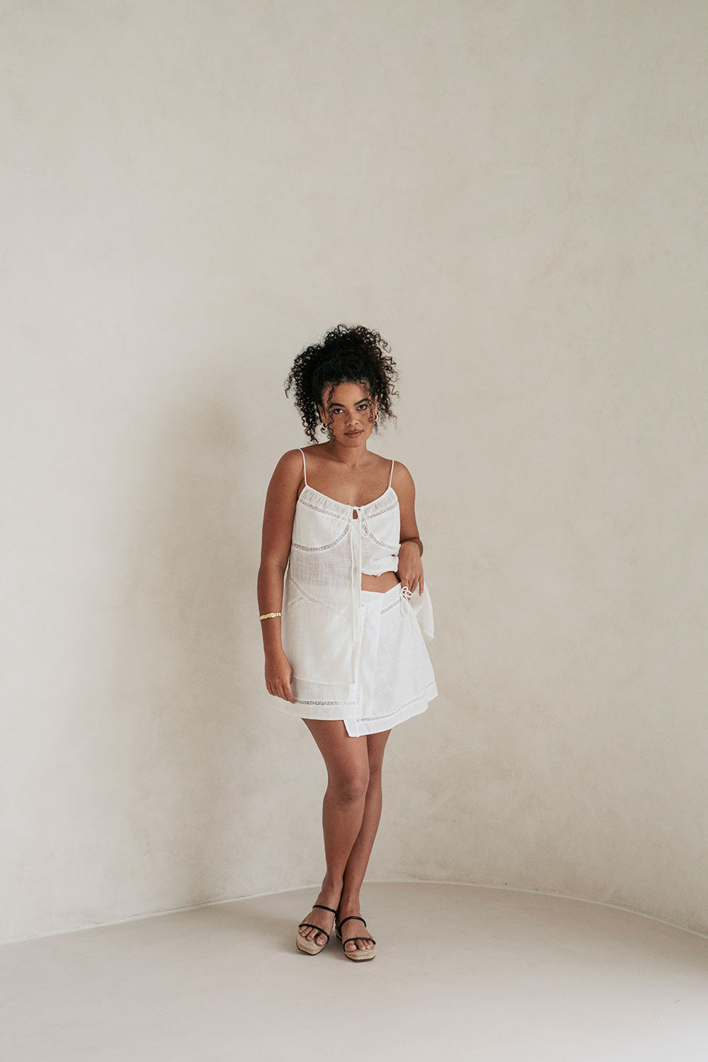 Alessia Women's White Natural Cotton Cheesecloth High-Waisted Wrap Skirt with Lace Trim