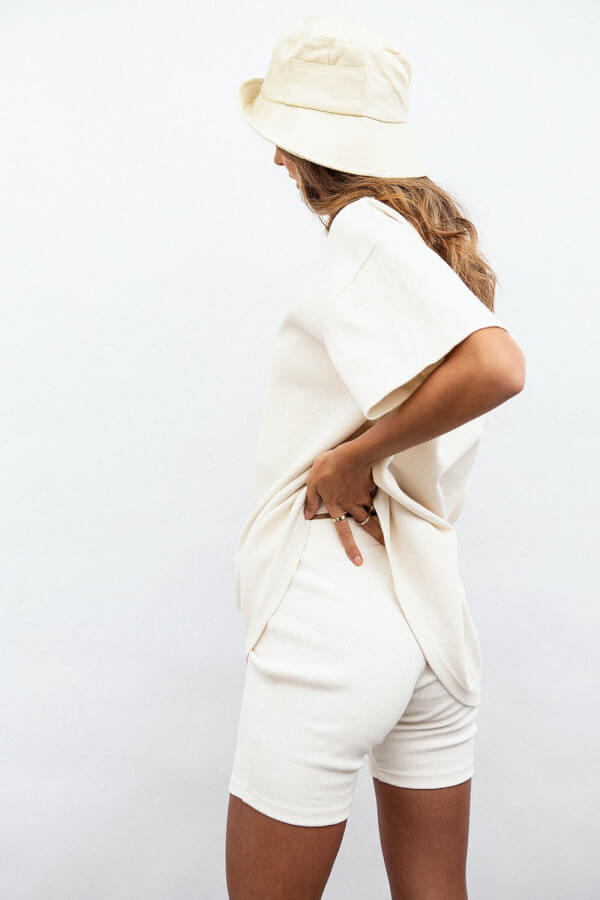Comfy Cream Ribbed Short - Sleeve High - Rounded Neck Mellow Tee