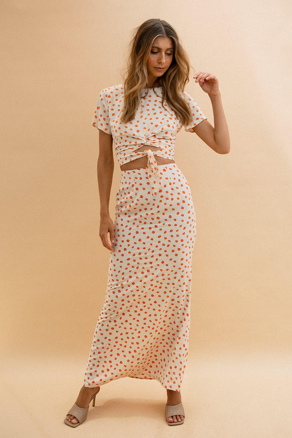 Autumn-inspired Camilla High-waisted Floor-length Cream Skirt with Orange Floral Print