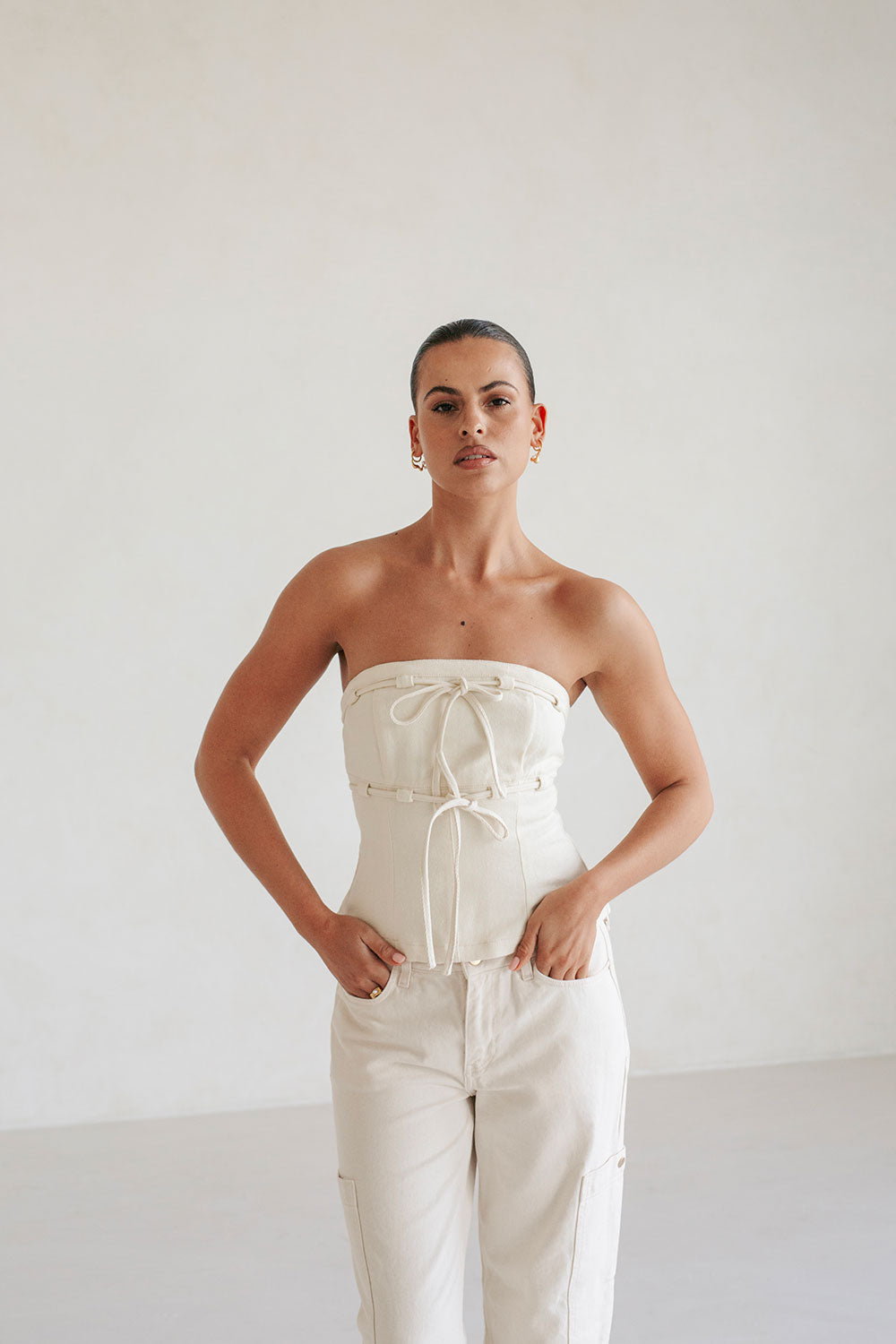 Beige Strapless Fiore Top with Tab and Tie Details