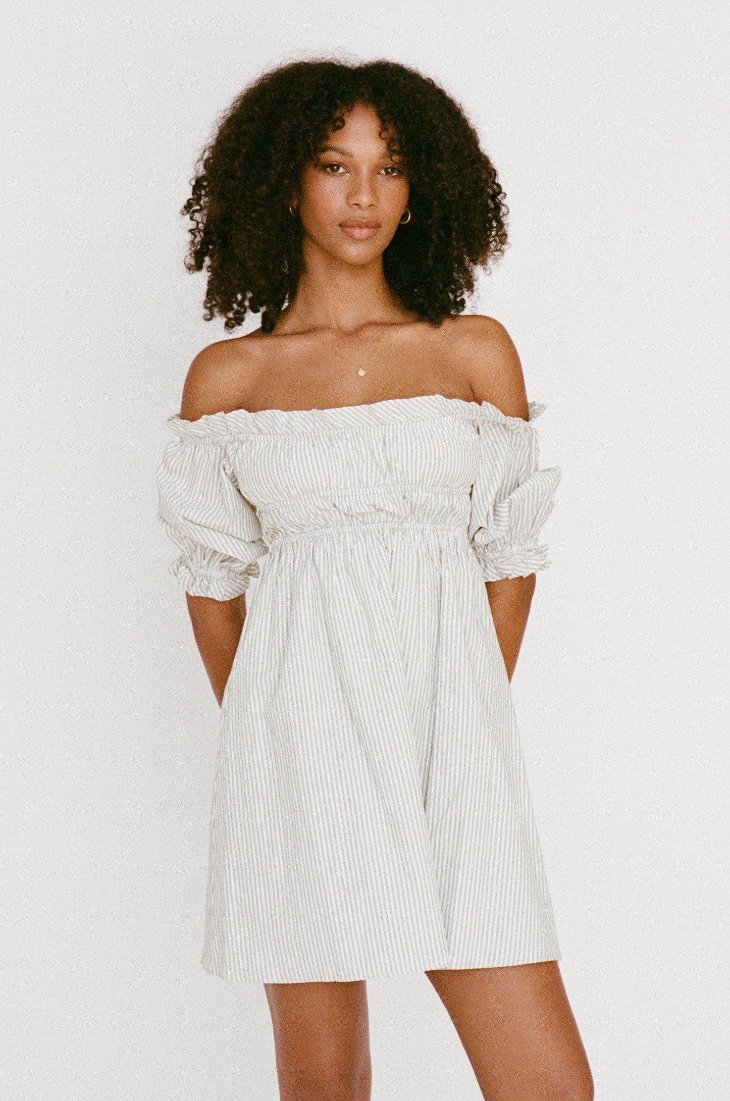Elegant Blakely Off - Shoulder Dress with Sea Foam and White Stripes