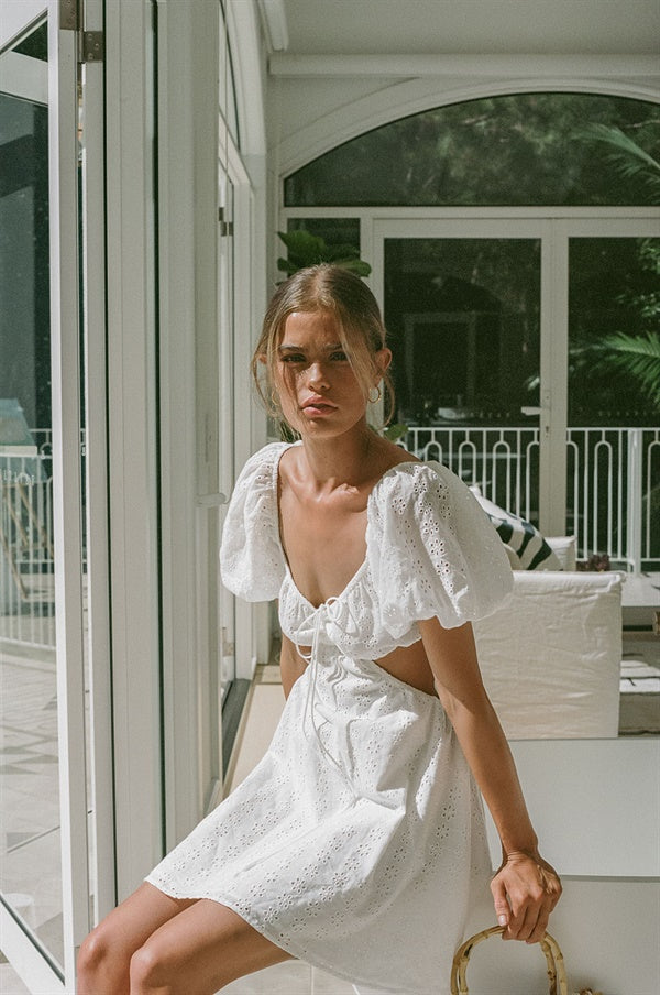 Exquisite Off-White Cotton Eyelet Azel Vacation Dress