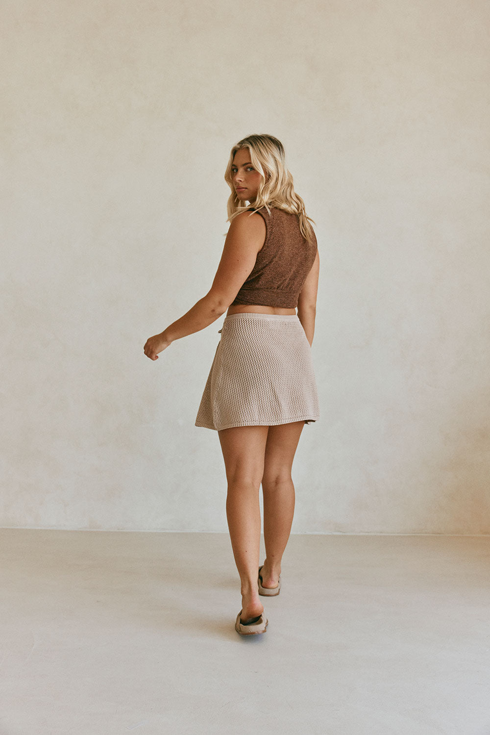 Chocolate - Inspired Priya Summer High - Waisted Cotton Knit Mini Skirt