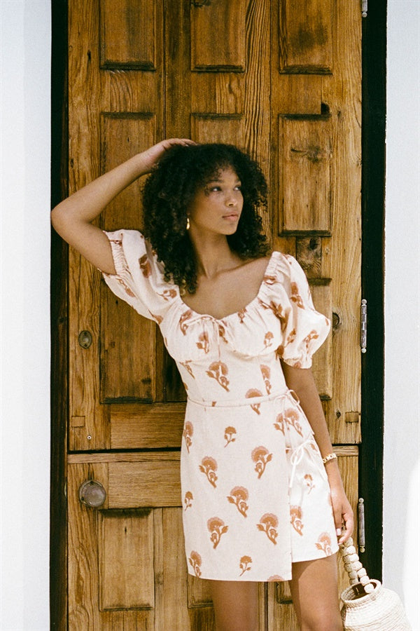 Exquisite Esmerelda Women's Linen-Cotton Blend Dress with Antique Emblem Print