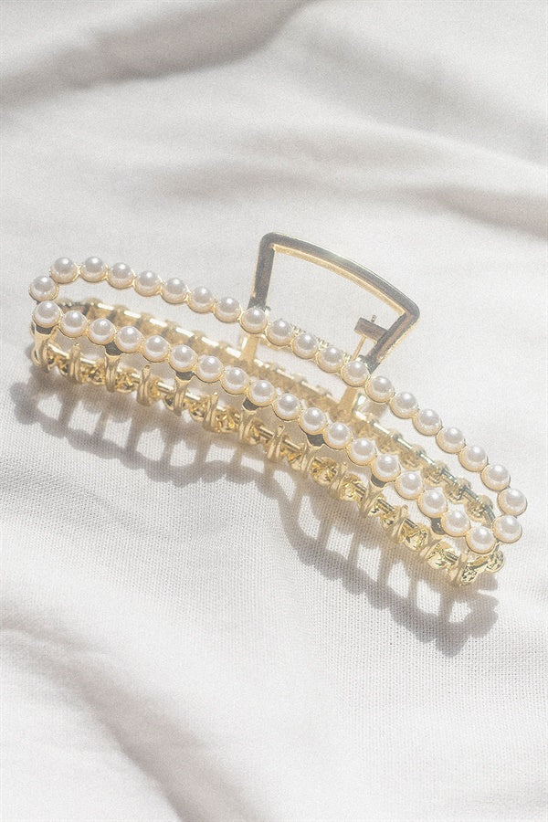 Gold-Toned Large Clam Style Pearl Detailing Claw Clip for Effortless Upstyles
