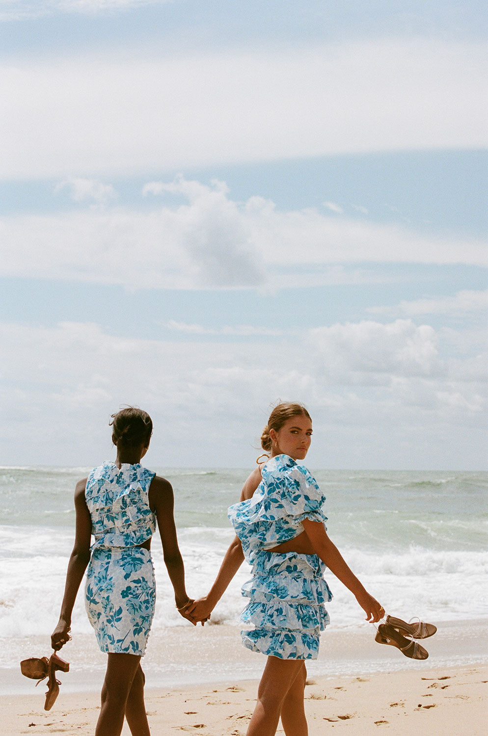 Stylish Emilia Asymmetric Women's Dress with Azure Flora Print