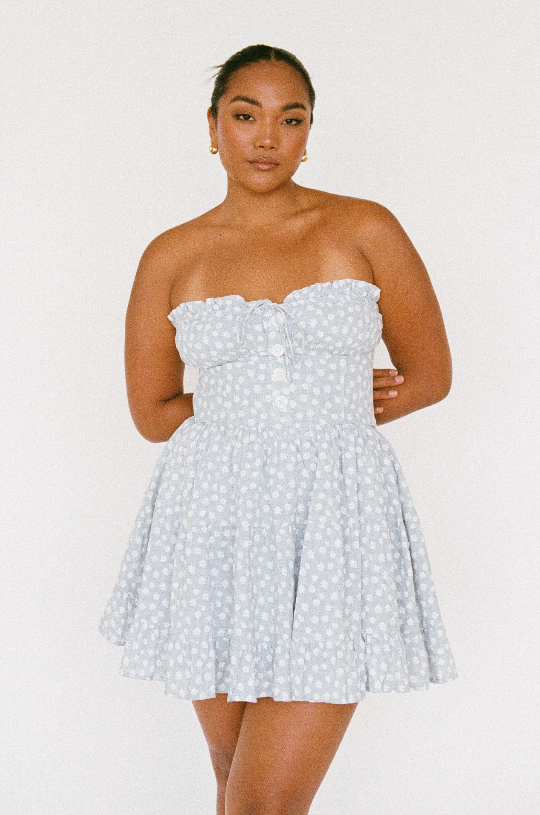 European - Inspired Misty Floral Strapless Cotton Blend Sahara Dress