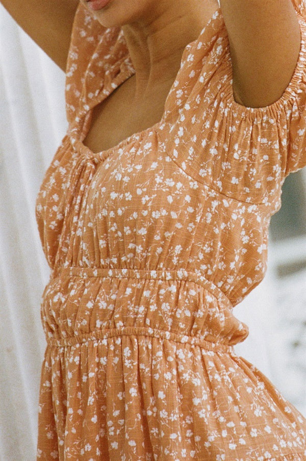 Orange Natural Raw Cotton Talina Dress with Short Puff Sleeves