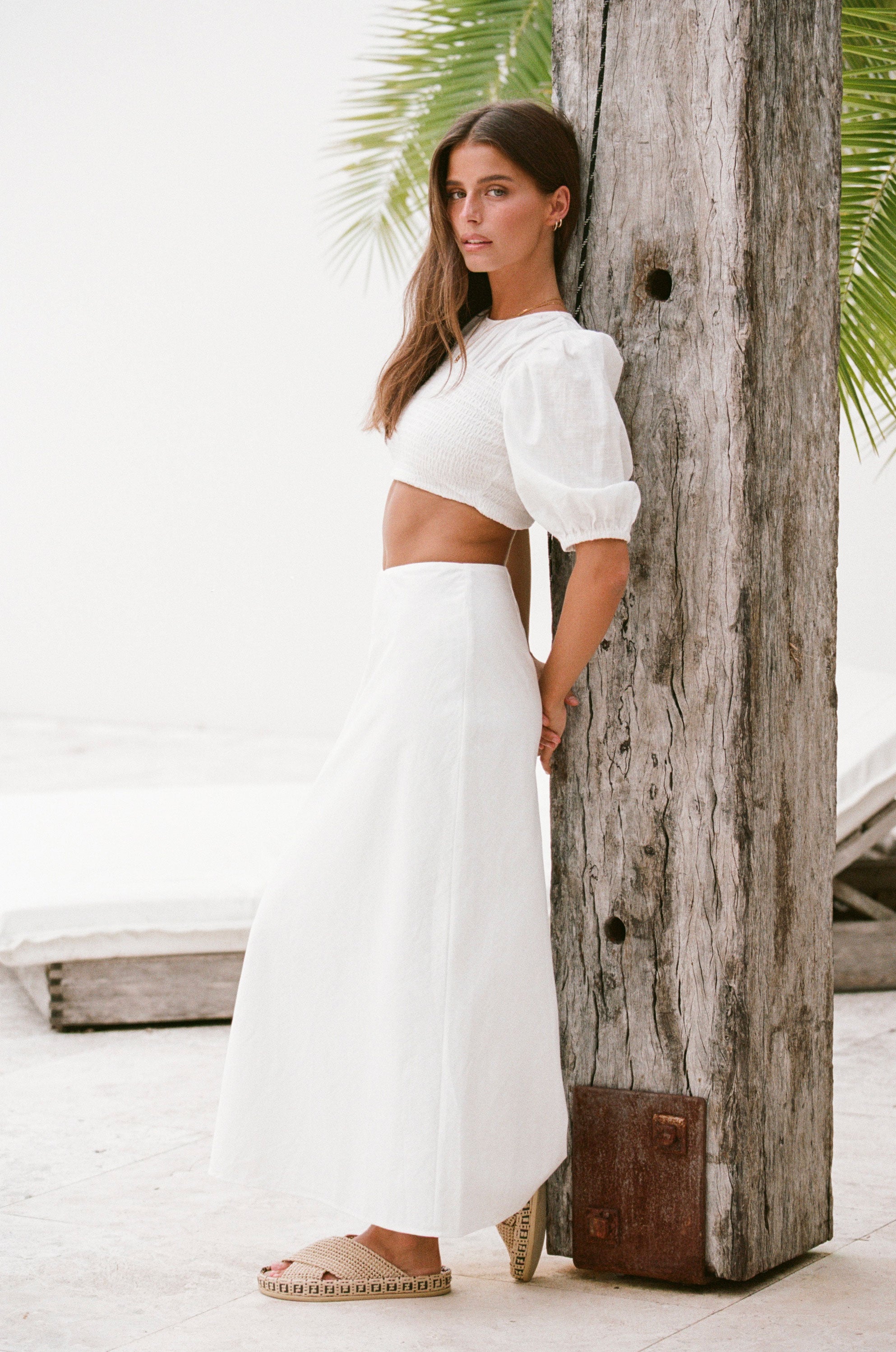 Jayde Women's High - Waisted Natural Cotton Slub White Midi Skirt