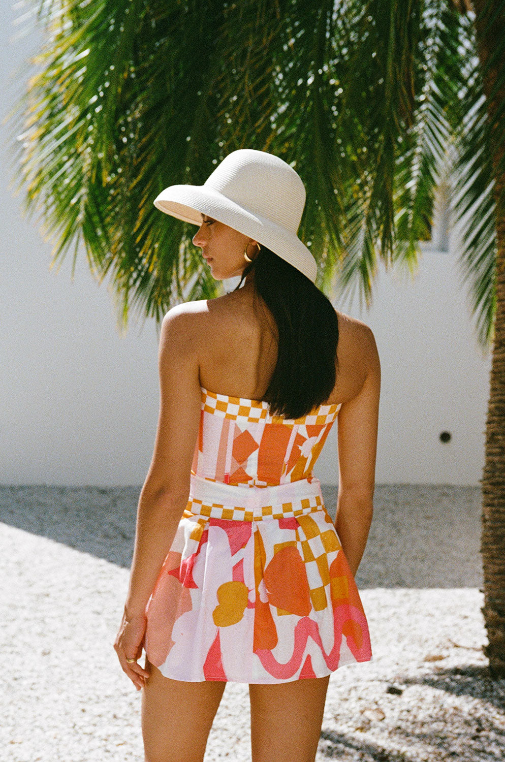 Exclusive High - quality Natural Cotton Checker Floral Sunset Print Strapless Autumn Dress