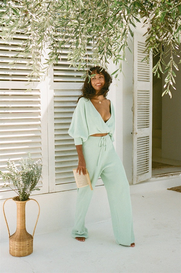 Fresh Mint High-Waisted Relaxed Fit Zepplin Cotton Knit Pants