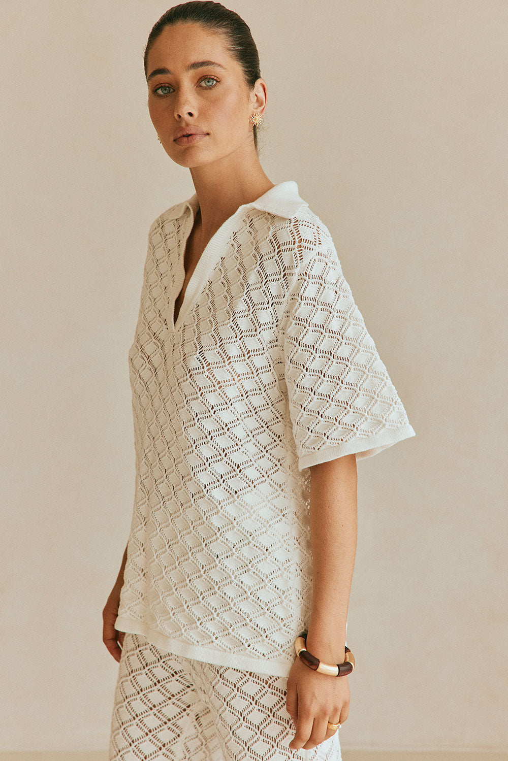 Elegant White Natural Cotton Knit Aya Top with Vintage Charm