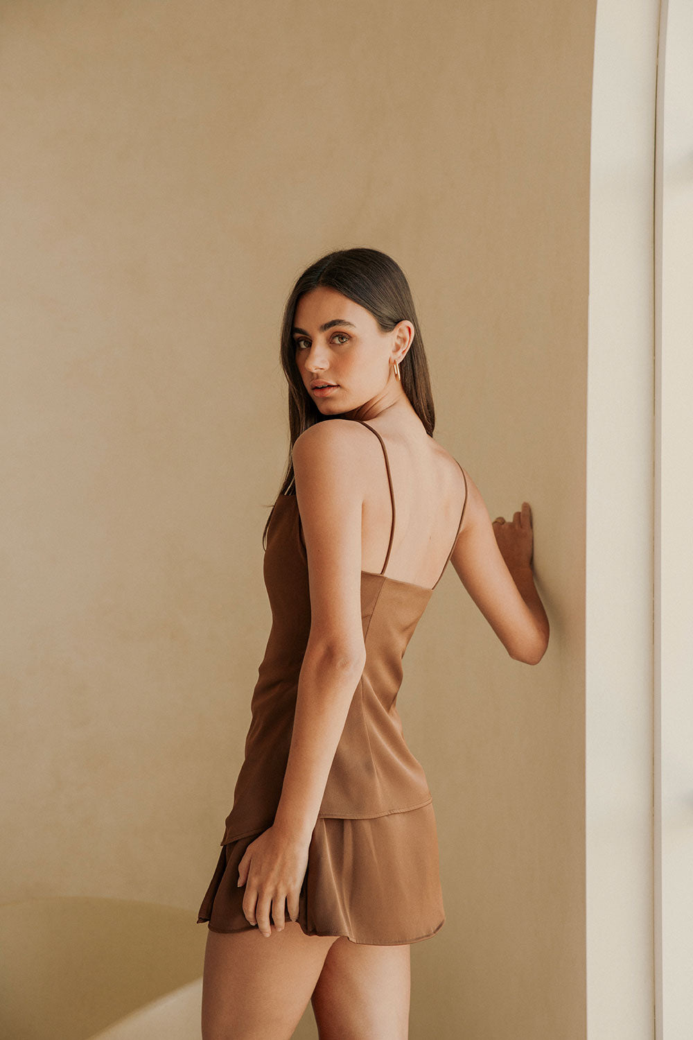 Chocolate Brown Matte Silky Del Ray Mini Dress with Asymmetric Wrap